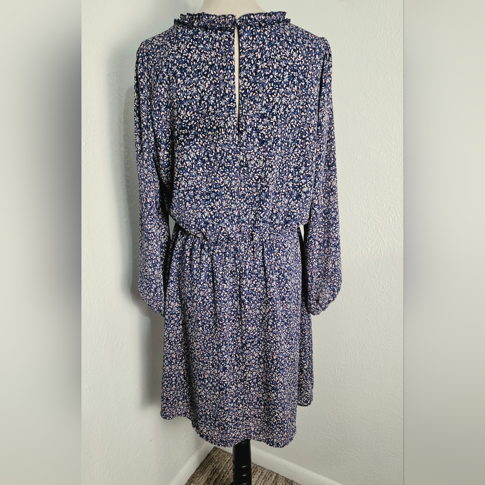 Banana Republic Blue & Pink Floral Ruffle-Neck Dress, Ties on the Side, Size 14 - Picture 11 of 15